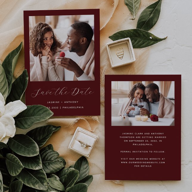 Minimal Two-Photo Burgundy Red Script Save The Date (Creator Uploaded)