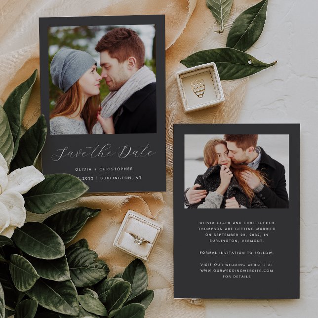 Minimal Two-Photo Charcoal Grey Script Save The Date (Creator Uploaded)