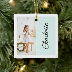 Minimal Two Photo Customized Name Mint Green Ceramic Ornament
