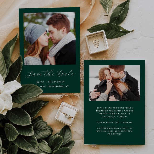 Minimal Two-Photo Emerald Green Script Save The Date (Creator Uploaded)