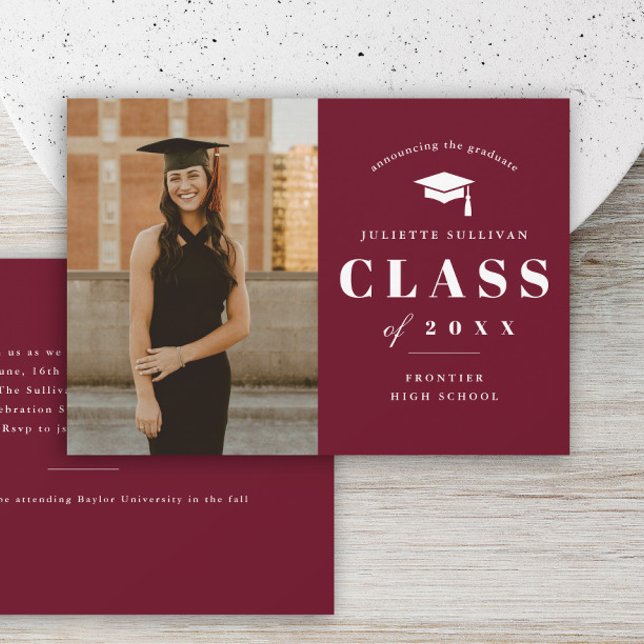 Minimal Type Photo Graduation Party Invitation (Maroon Photo Graduation Invitation Announcement Card.)