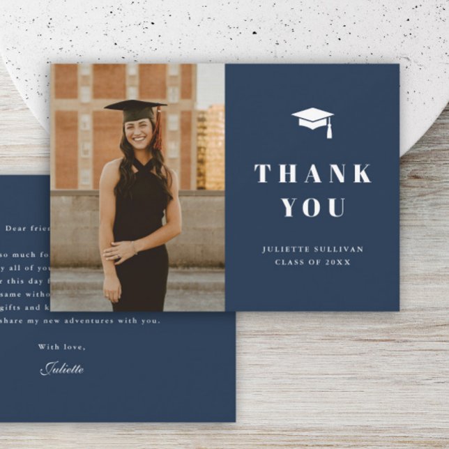 Minimal Type Photo Graduation Party Thank You Card (Simple typography navy blue photo graduation thank you card.)