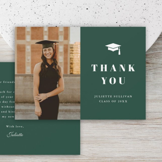Minimal Type Photo Graduation Party Thank You Card (Simple type green photo graduation thank you cards.)