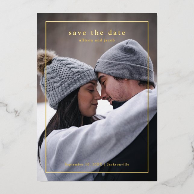 Minimal Type Photo Wedding Save the Date Gold (Front)
