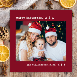 Minimal Typewriter Pine Photo Deep Red Christmas Holiday Card