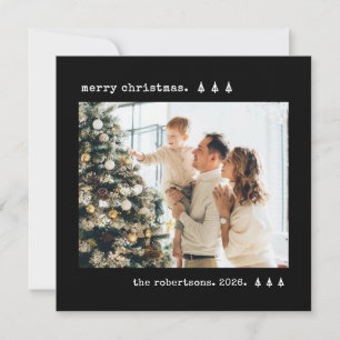 Minimal Typewriter Pine Tree Photo Black Christmas Holiday Card