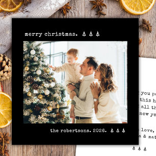 Minimal Typewriter Pine Tree Photo Black Christmas Holiday Card