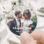 Minimal Typewriter Simple Photo Wedding Thank You Classic Round Sticker<br><div class="desc">Add an elegant personalised touch to wedding thank you cards and reception party favours with custom photo round stickers / envelope seals. The picture and all wording on this template are simple to personalise. "Thank you" can be changed to love & thanks, welcome, the couple's initials, other text, or it...</div>