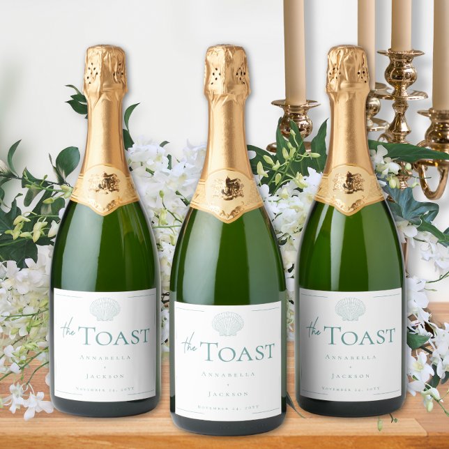 Minimal Typography Aqua & White Seashell Wedding Sparkling Wine Label (Minimal Typography Aqua & White Seashell Wedding Sparkling Wine Label)