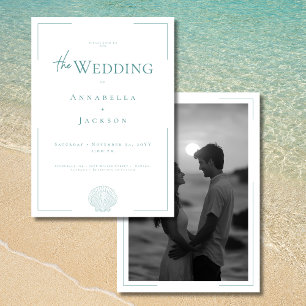 Minimal Typography Aqua White Shell Photo Wedding Invitation