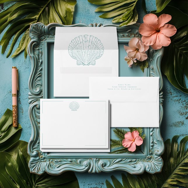 Minimal Typography Aqua & White Shell Wedding Envelope (Minimal Typography Aqua & White Seashell Wedding Invitation Envelope)