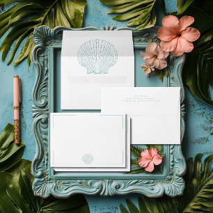 Minimal Typography Aqua & White Shell Wedding Envelope