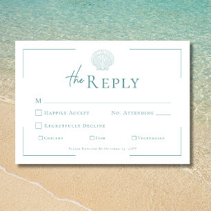 Minimal Typography Aqua & White Shell Wedding RSVP Card