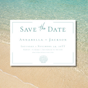 Minimal Typography Aqua & White Shell Wedding Save The Date