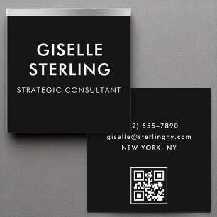 Minimal Typography Black Silver Luxury QR Code Square Business Card