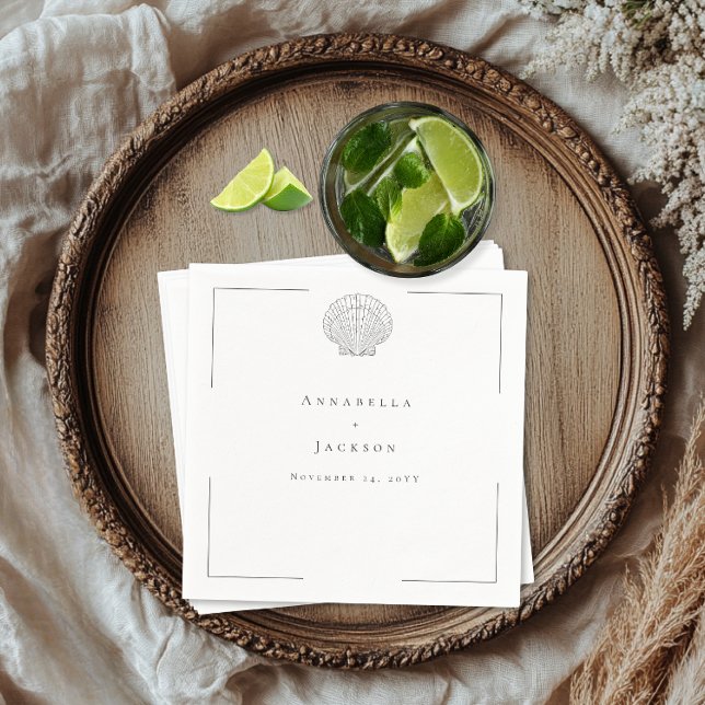 Minimal Typography Black & White Seashell Wedding Napkin (Minimal Typography Black & White Seashell Wedding Cocktail Napkin)