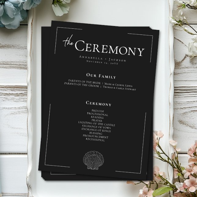 Minimal Typography Black & White Seashell Wedding Programme (Minimal Typography Black & White Seashell Wedding Program Card)
