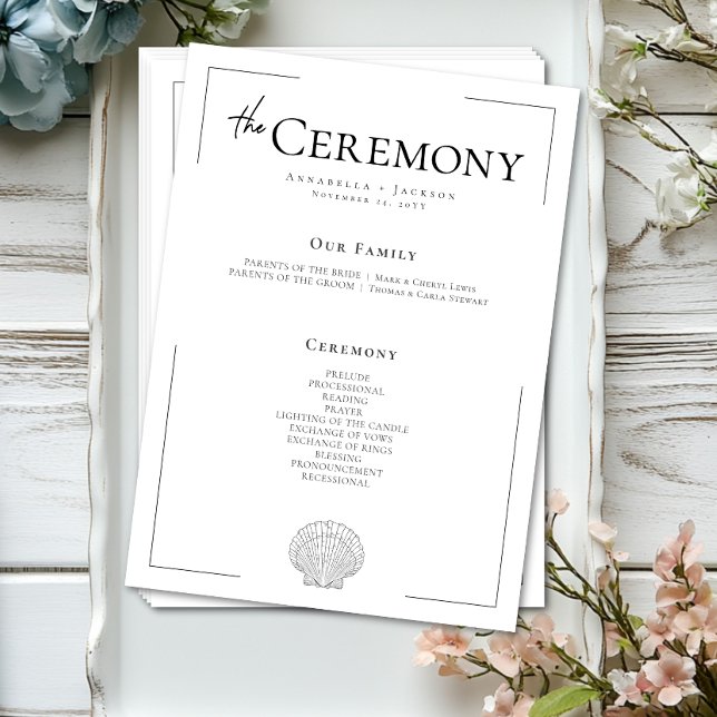 Minimal Typography Black & White Seashell Wedding Programme (Minimal Typography Black & White Seashell Wedding Program)