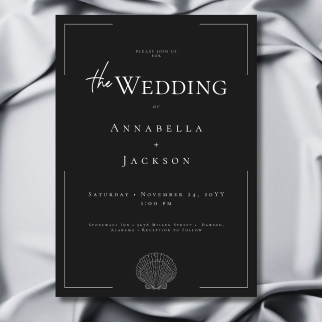 Minimal Typography Black & White Shell Wedding Invitation (Minimal Typography Black & White Shell Wedding Invitation)