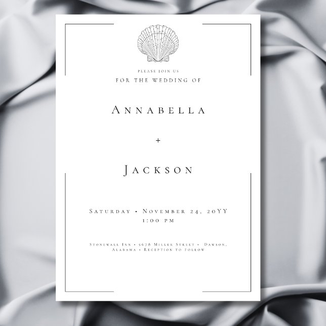 Minimal Typography Black & White Shell Wedding Invitation (Minimal Typography Black & White Shell Wedding Invitation)