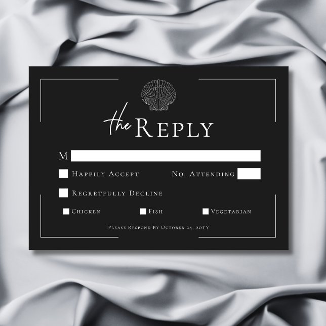 Minimal Typography Black & White Shell Wedding RSVP Card (Minimal Typography Black & White Shell Wedding RSVP Card)