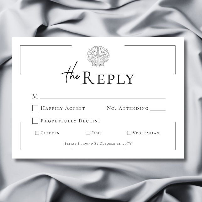 Minimal Typography Black & White Shell Wedding RSVP Card (Minimal Typography Black & White Shell Wedding RSVP Card)