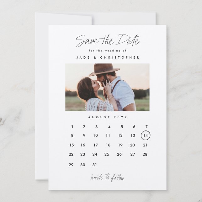 Minimal Typography Calendar Photo Wedding Save The Date (Front)