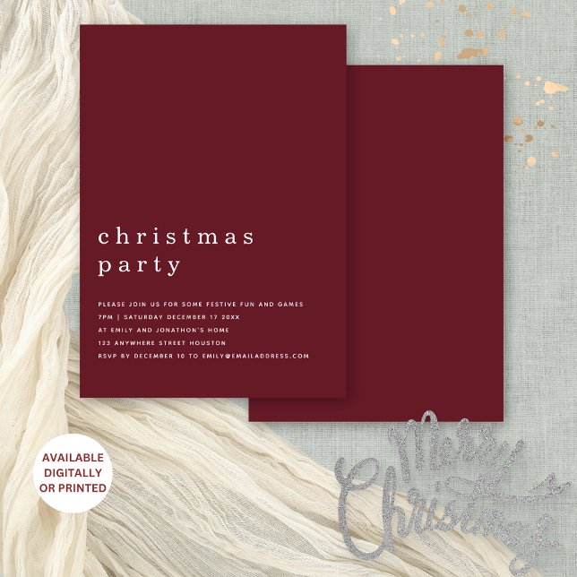 Minimal Typography Christmas Party Burgundy Invitation (Frotn and back view. Available digitally or printed.)