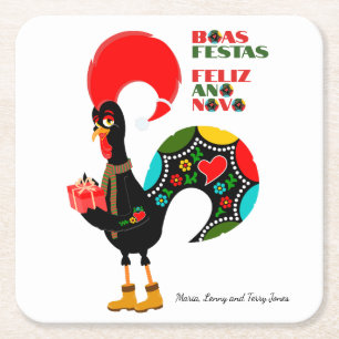 Minimal Typography Christmas Portuguese Greetings Square Paper Coaster
