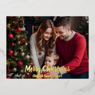 Minimal Typography Photo Christmas Foil Holiday Postcard