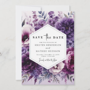 Minimal Typography Purple Floral Wedding Save The Date