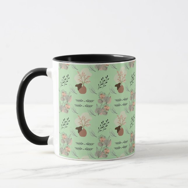 Minimal vase, feathers and floral boho art- mug (Left)