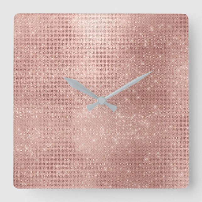 Minimal Vip Sequin Grill Rose Gold Blush Pink Square Wall Clock (Front)