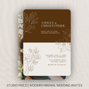 Minimal Walnut Brown Foliage Outline Photo Wedding Invitation