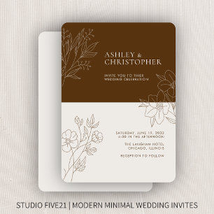 Minimal Walnut Brown Foliage Outline Wedding Invitation