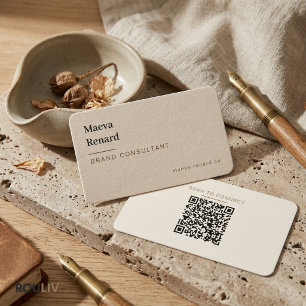 Minimal Warm Beige Linen Texture QR Code Freelance Business Card