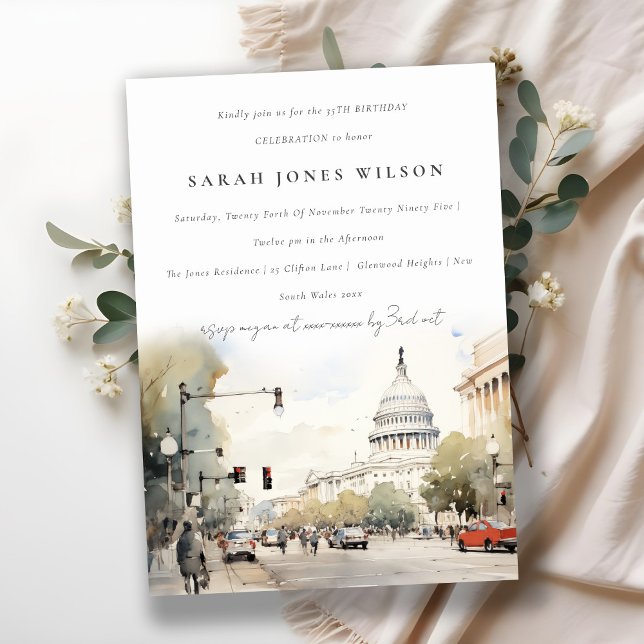 Minimal Washington DC, USA Watercolor Birthday Invitation (Creator Uploaded)