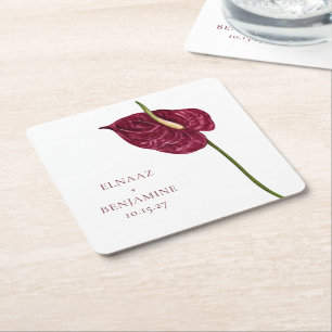 Minimal Watercolor Anthurium Floral Wedding Square Paper Coaster