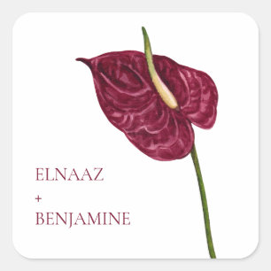 Minimal Watercolor Anthurium Floral Wedding Square Sticker