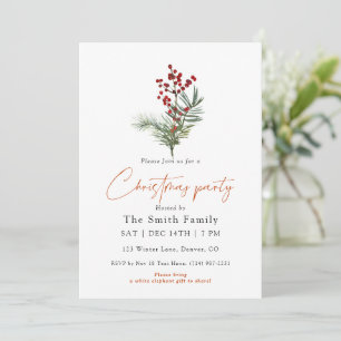 Minimal Watercolor Berry Christmas Party Invitation
