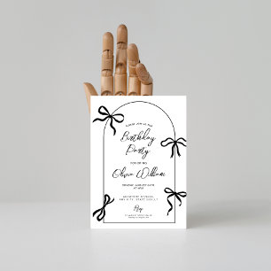 Minimal watercolor black bow arch birthday invitation