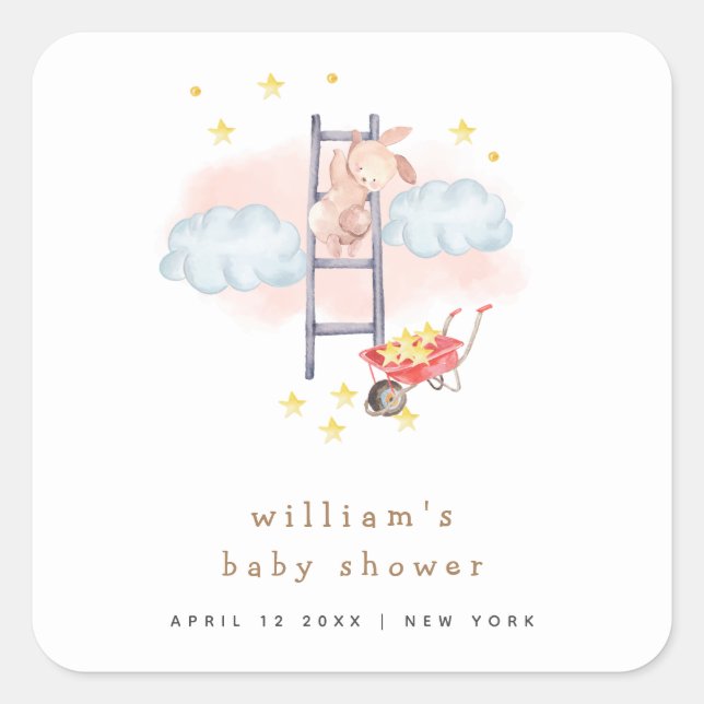 Minimal Watercolor Boho Bunny Stars Baby Shower Square Sticker (Front)