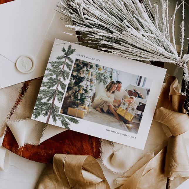 Minimal Watercolor Christmas Tree Family Photo Holiday Card (Minimal Modern Christmas Card with Photo)