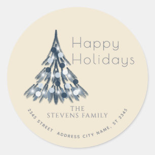 Minimal watercolor Christmas tree Happy Holidays Classic Round Sticker