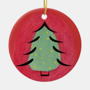 Minimal Watercolor Christmas tree with Black Lines Ceramic Tree Decoration