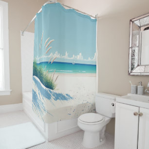 Minimal Watercolor Elegant White Sea Personalised Shower Curtain