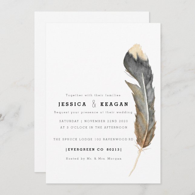 Minimal Watercolor Feather Rehearsal Dinner Invite (Front/Back)