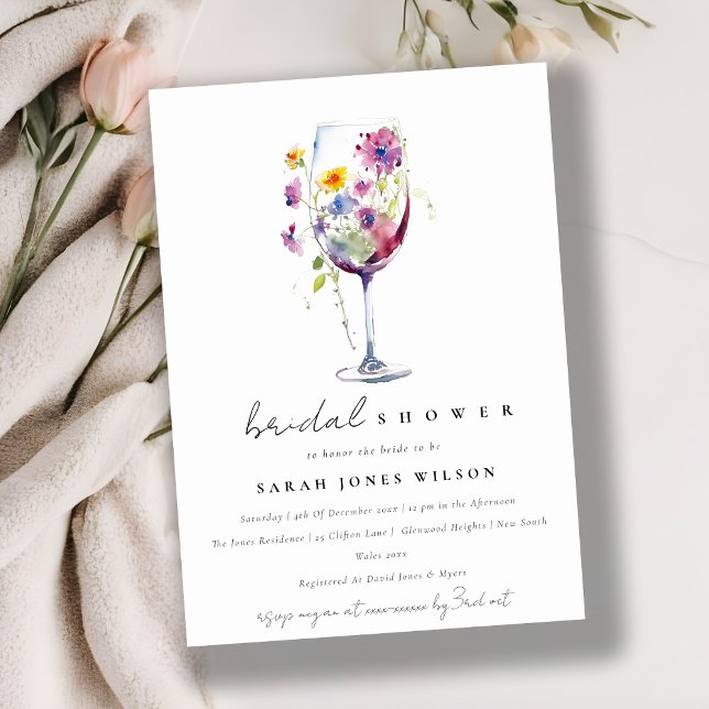 Minimal Watercolor Floral Wine Glass Bridal Shower Invitation (Creator Uploaded)