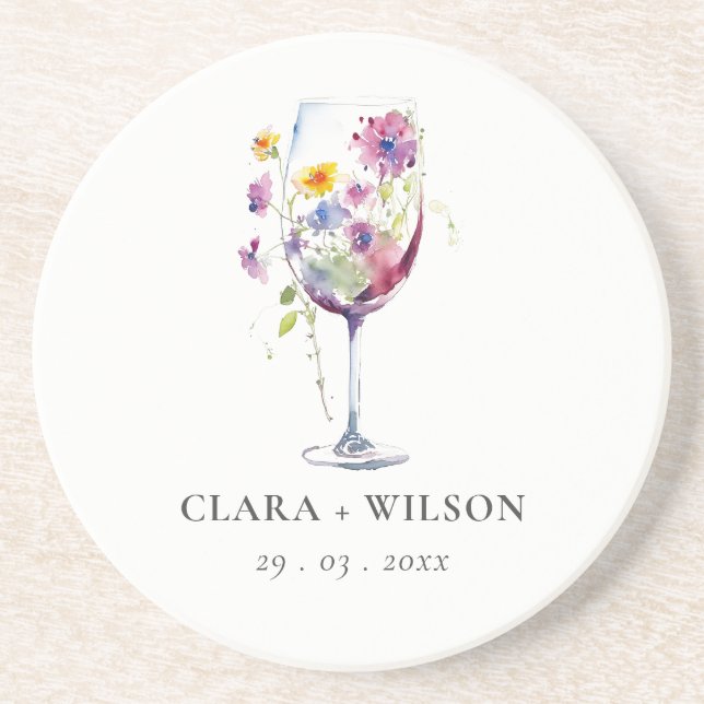 Minimal Watercolor Floral Wine Glass Wedding Coaster (Front)