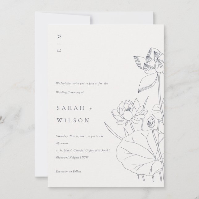 Minimal Waterlily Floral Sketch Wedding Invite (Front)